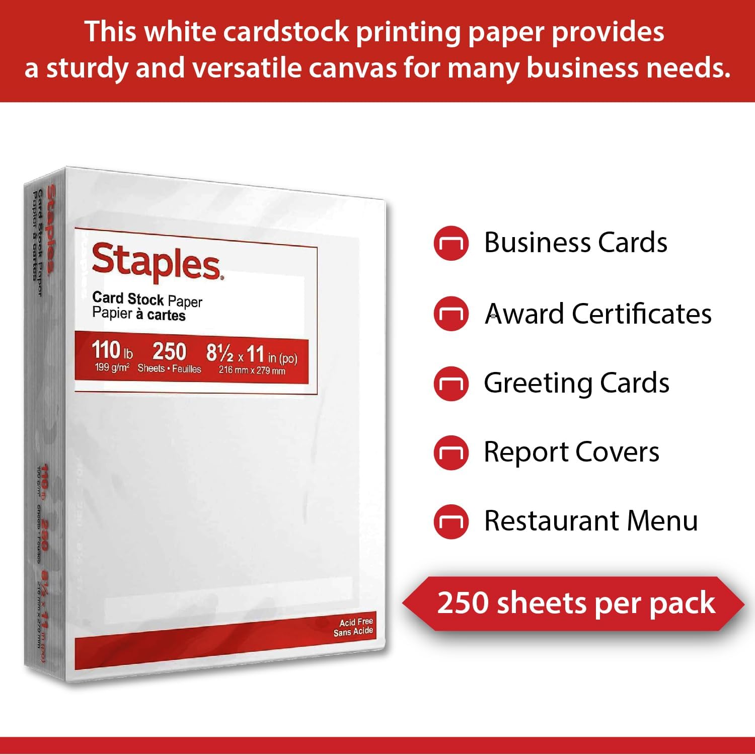 Detalle 2 de Staples Cardstock Paper, 8.5 x 11 in, Matte White, 110 lb, 250 Sheets