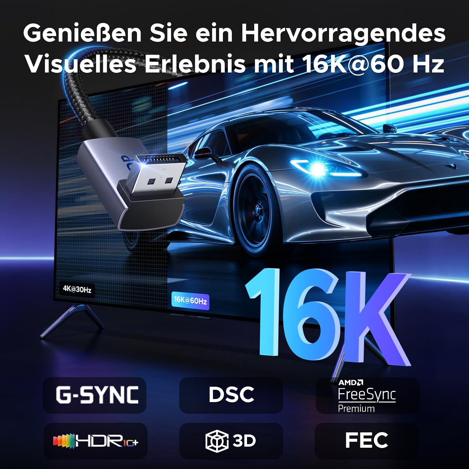 Detalle 2 de UGREEN DP Kabel 2.1, 16K/8K 90° Winkel – 80 Gbps, HDR, DSС 1.2a, HDCP 2.2, Gaming-Perfomance (2 m)