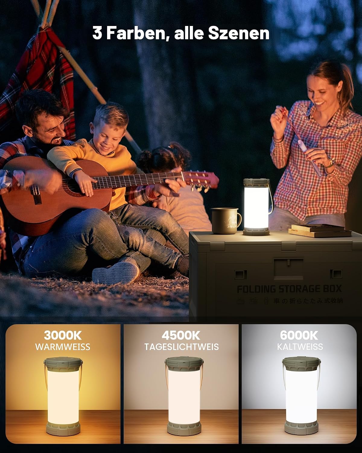 Detalle 2 de Glocusent Campinglampe & Zeltlampe: 1500 lm, 135 LED, 200 Stunden Laufzeit, 5000 mAh, USB-C, 3 Farben, SOS – kompakt und robust