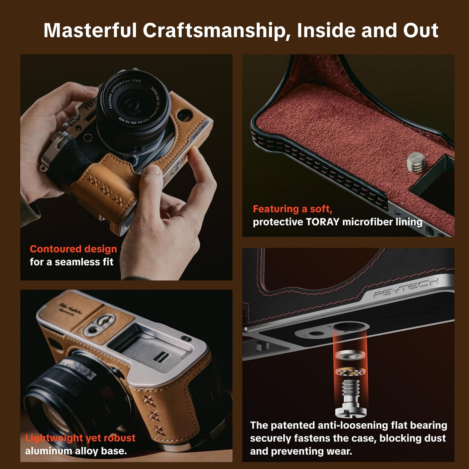 Thumbnail 3 de PGYTECH X-T5 Étui en cuir pour FUJIFILM : Demi-étui en cuir véritable fait main, base en alliage d'aluminium (Marron)