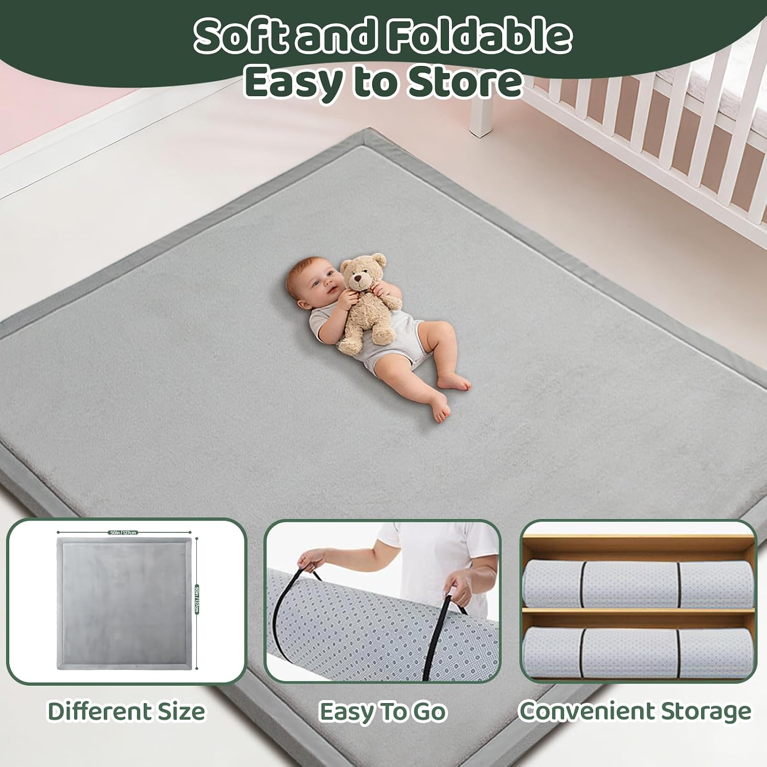 Thumbnail 5 de TreeBud DZ-DW Baby Play Mat, 1.3-Inch Memory Foam, Coral Velvet, Light Gray