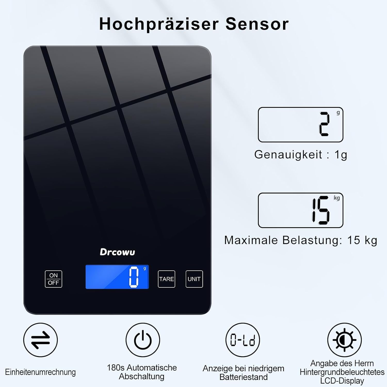 Detalle de Drcowu K72H digitale keukenweegschaal, 15 kg, 1 g en gehard glas
