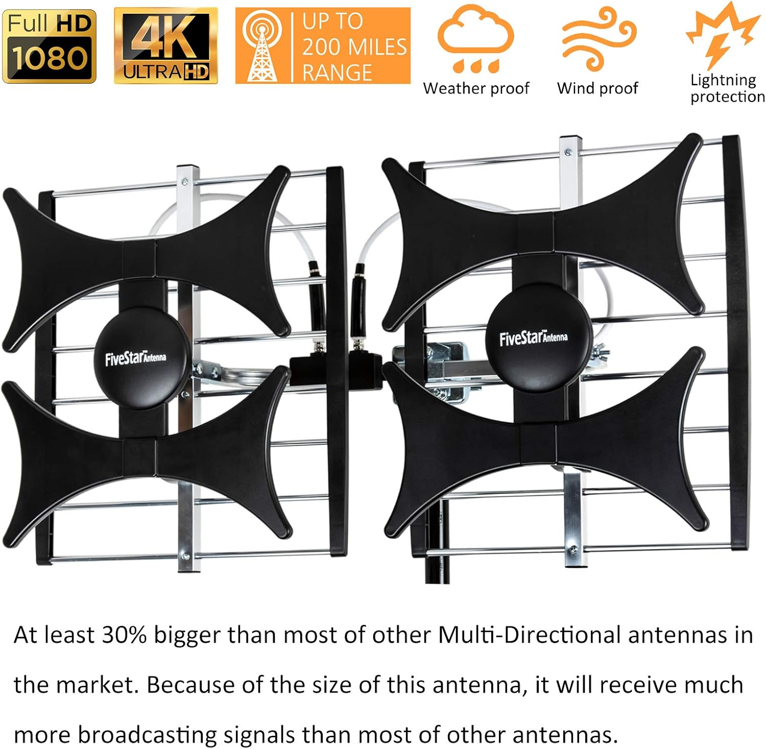 Detalle de Five Star Multi-Directional 4V HDTV Antenna — 200 Mile Range, 4K Ready, Supports 4 TVs