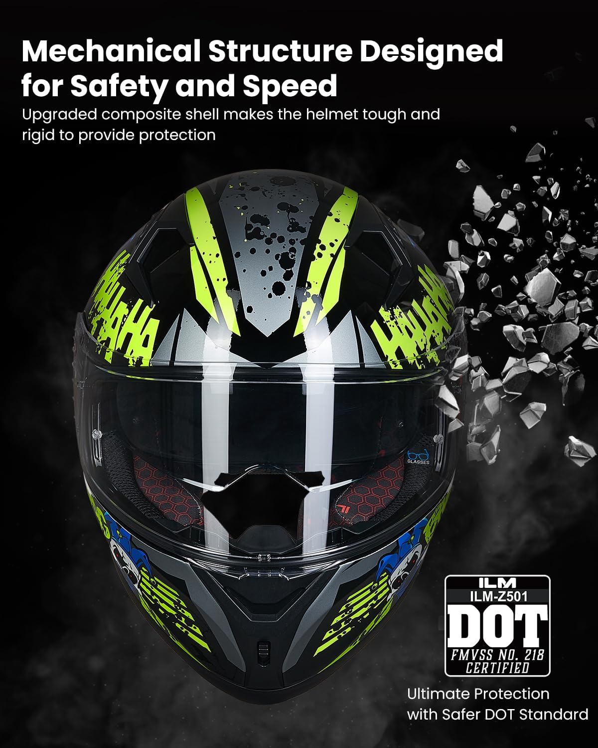 Detalle 2 de ILM Z501 Full-Face Motorcycle Helmet (Surprise Yellow, Medium) with Clear & Tinted Visors