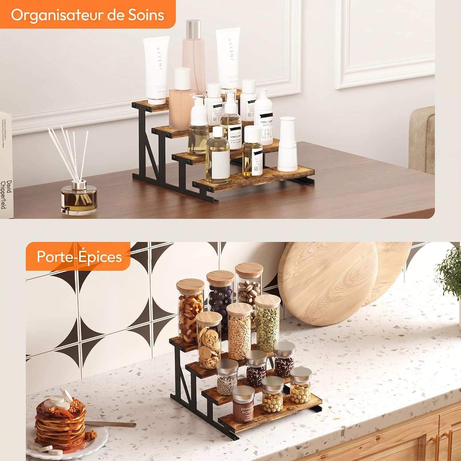 Thumbnail 6 de Lifewit 24461 houten parfumrek met 4 etages, metalen frame en rustiek bruine planken