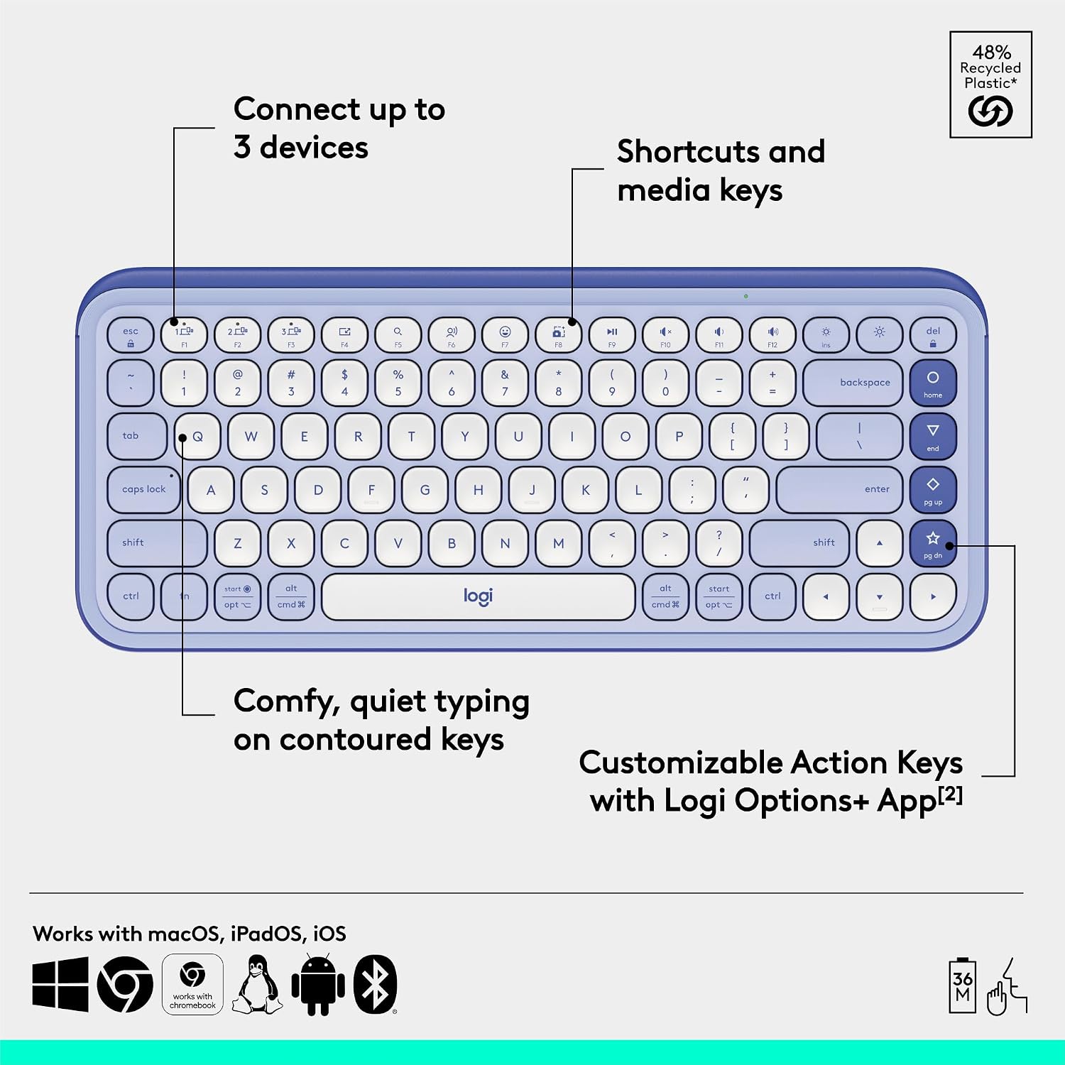 Detalle de Logitech POP ICON Keys 920-013050 Bluetooth Keyboard, Lilac and Off-White