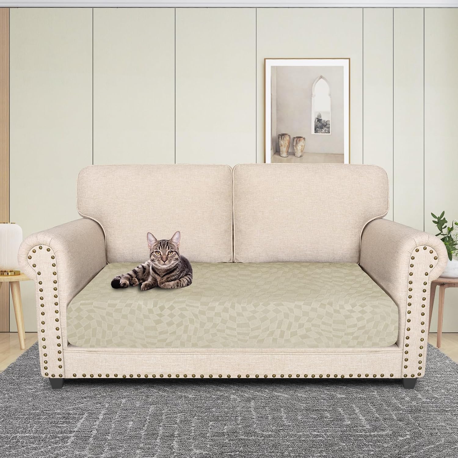 Detalle de Ystyle Copricuscino divano elasticizzato 3 posti beige, copri seduta e cuscini con fascia antiscivolo