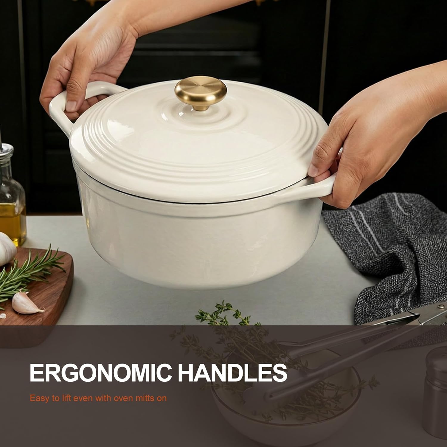 Thumbnail 2 de Overmont Enameled Cast Iron Dutch Oven (5.5QT) with Lid, Cookbook & Cotton Potholders — White