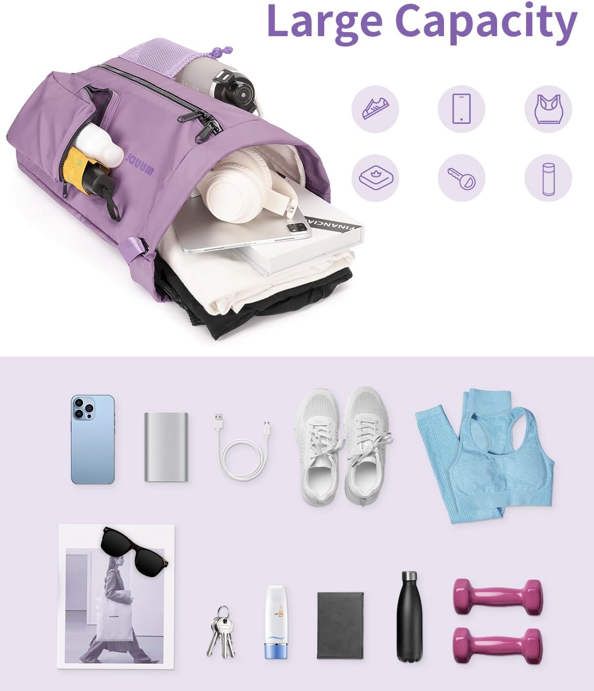 Detalle de WANDF Drawstring Gym Bag: 24L Water-Resistant Sports Bag with Shoes Compartment