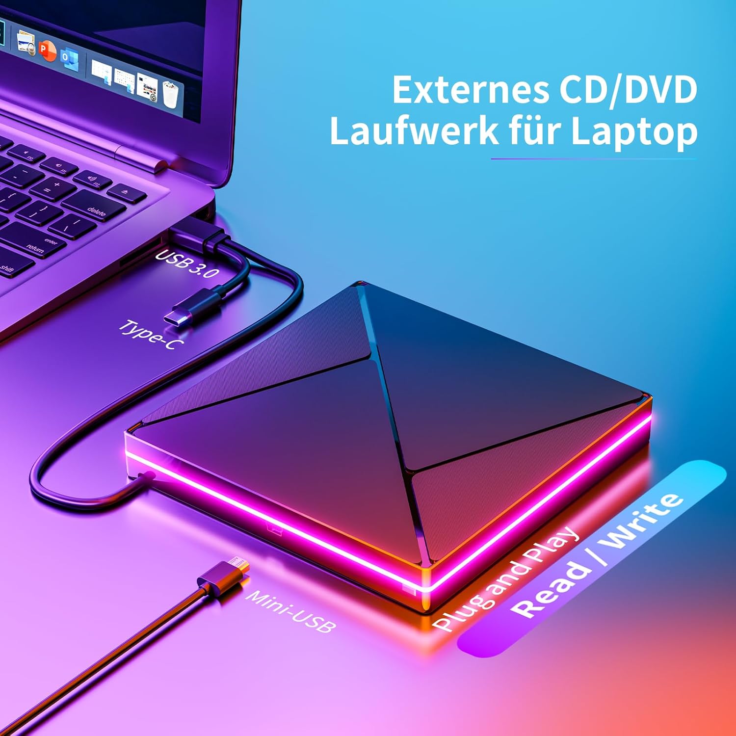 Thumbnail 1 de Umaniy externes CD/DVD-Laufwerk mit RGB, USB 3.0 & USB-C (DVD±RW, Plug & Play)
