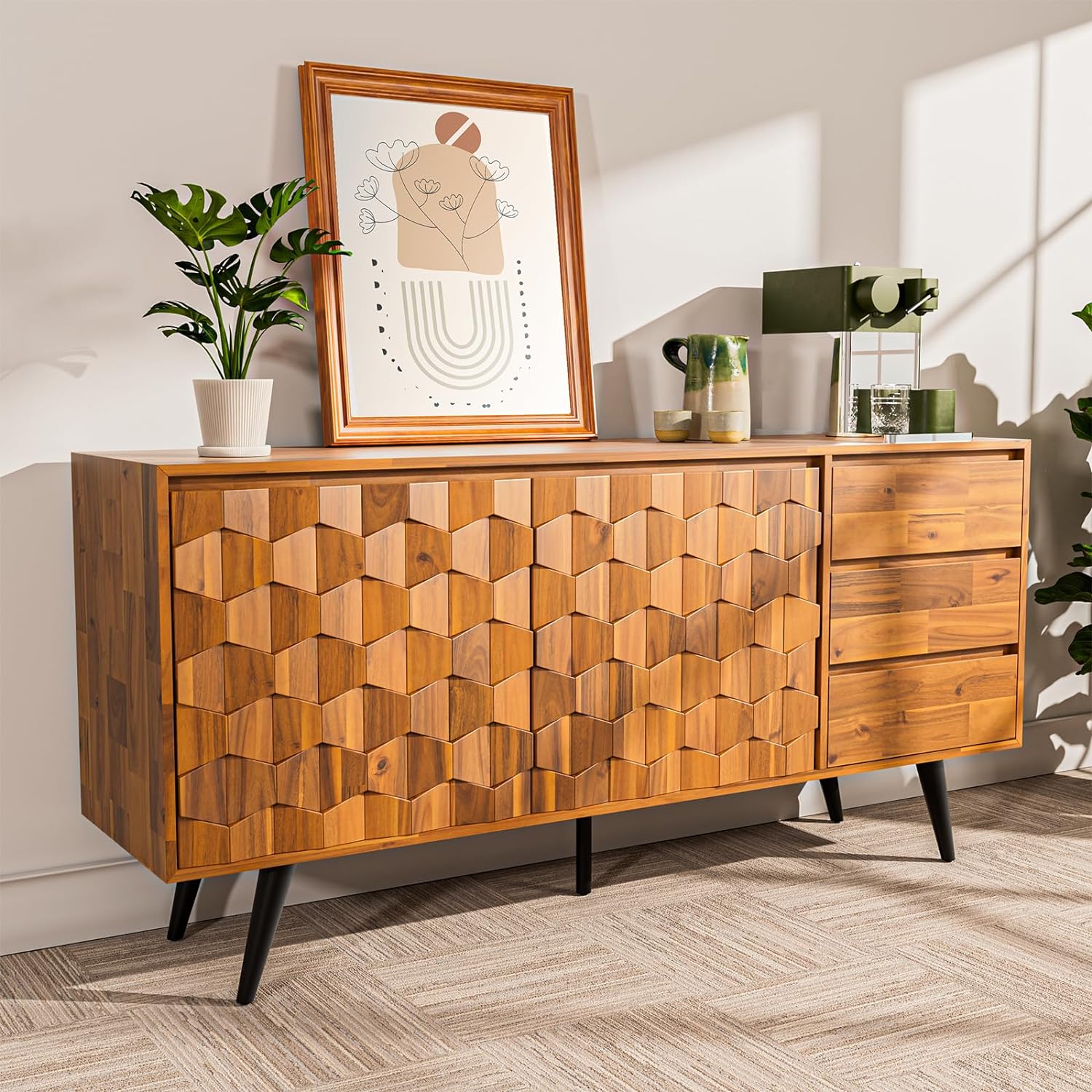 Detalle de Bme Georgina 3YBL Sideboard, Solid Acacia, 2 Doors & 3 Drawers, Teak Brown