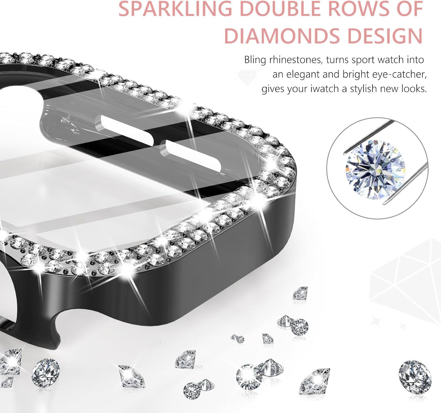 Detalle de DEALELE 2-Pack Tempered Glass Case for Apple Watch Series 10 (46mm) with Bling Double-Row Diamond Design