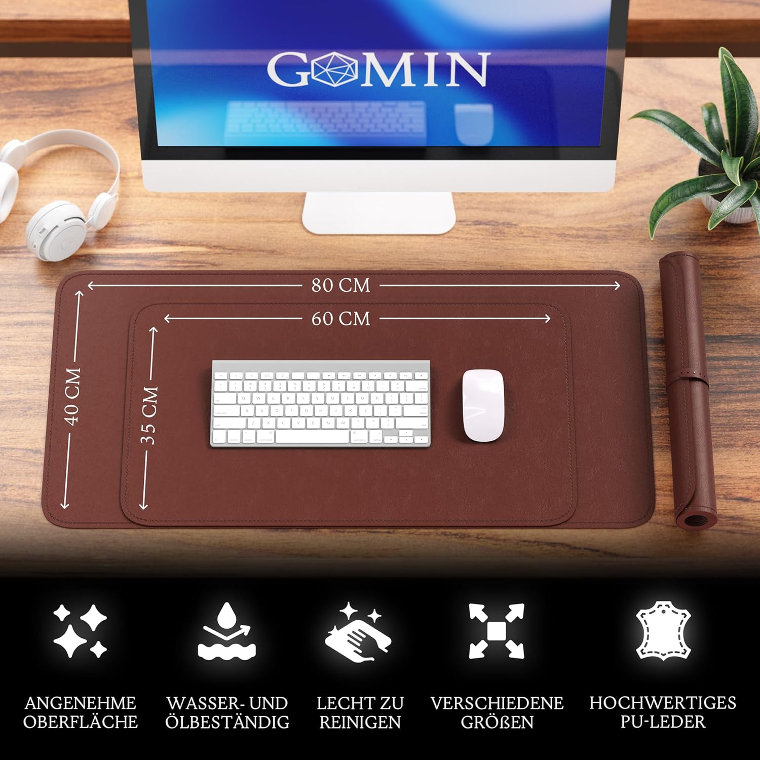 Thumbnail 1 de GOMIN Schreibtischunterlage 80x40 cm – PU Leder, rutschfest und wasserdicht,Braun