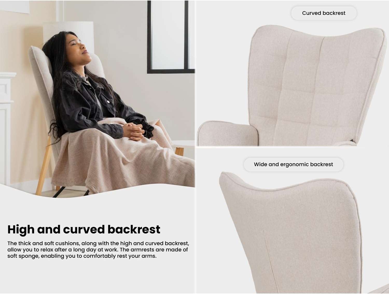 Thumbnail 4 de MEUBLE COSY rocking chair for nursery, nursing & reading – beige fabric with metal legs and wood base