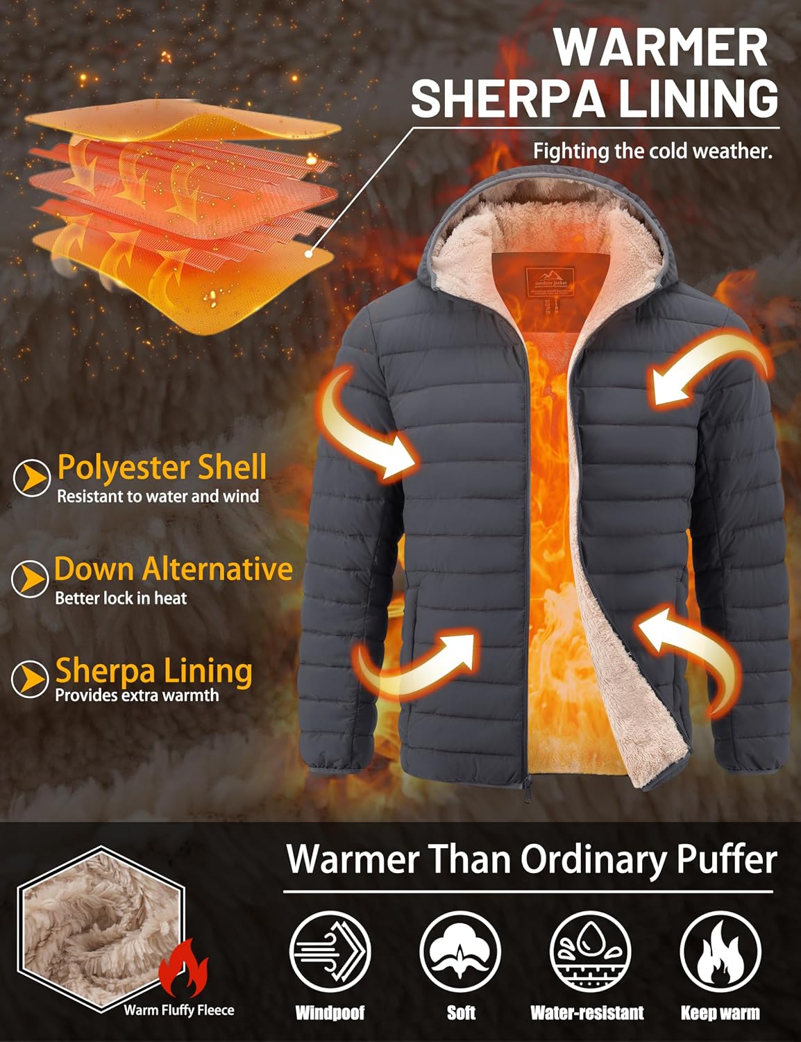 Detalle 2 de TACVASEN Men's Hooded Puffer Jacket with Sherpa Lining and Zip Pockets