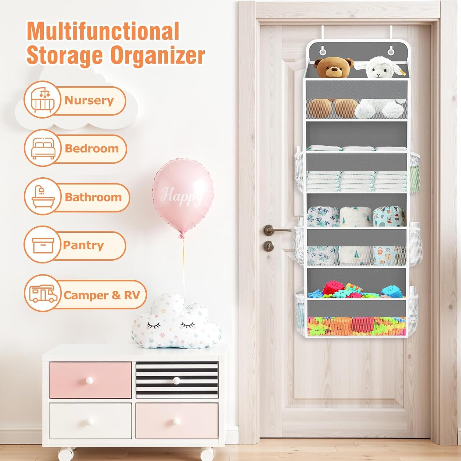 Detalle de WISELIFE Over-the-Door Organizer with 4 Shelves, Mesh Pockets and 40 lb Capacity