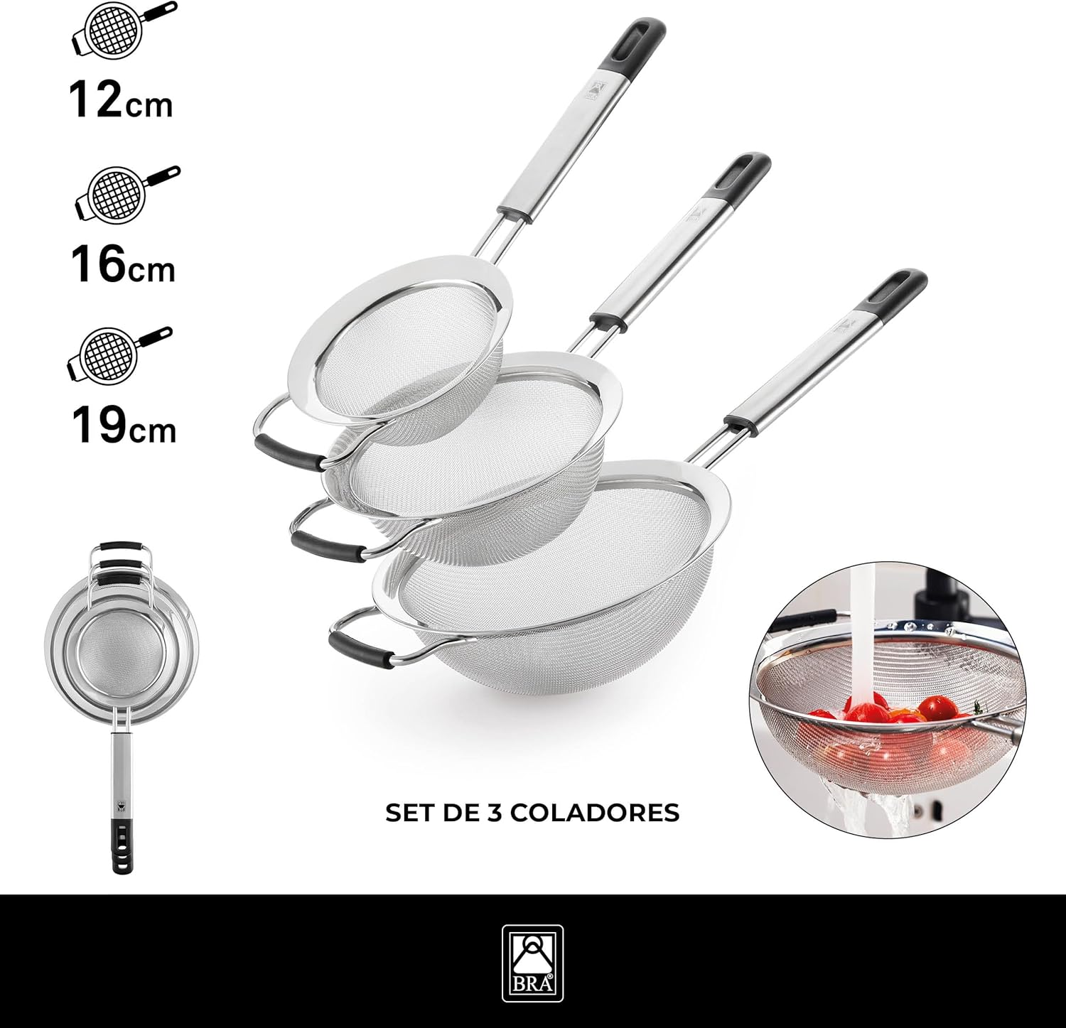 Thumbnail 1 de BRA Set 3 coladores 12-16-19 cm acero inox 18/10