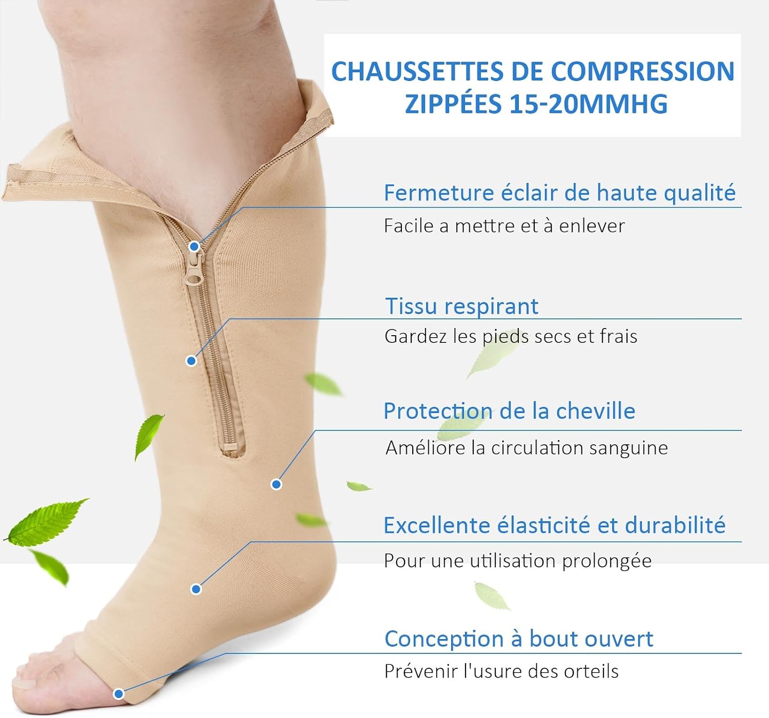 Detalle de ZFSOCK Bas de contention grande taille à fermeture éclair – 20–30 mmHg, bout ouvert