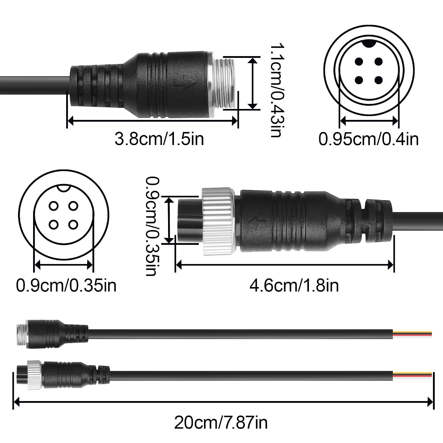 Detalle de TIENFOKOTA M12 4 Pin Aviation Extension Cable – 0.2m, 2-Pair Set for Vehicle Backup Camera and Monitor