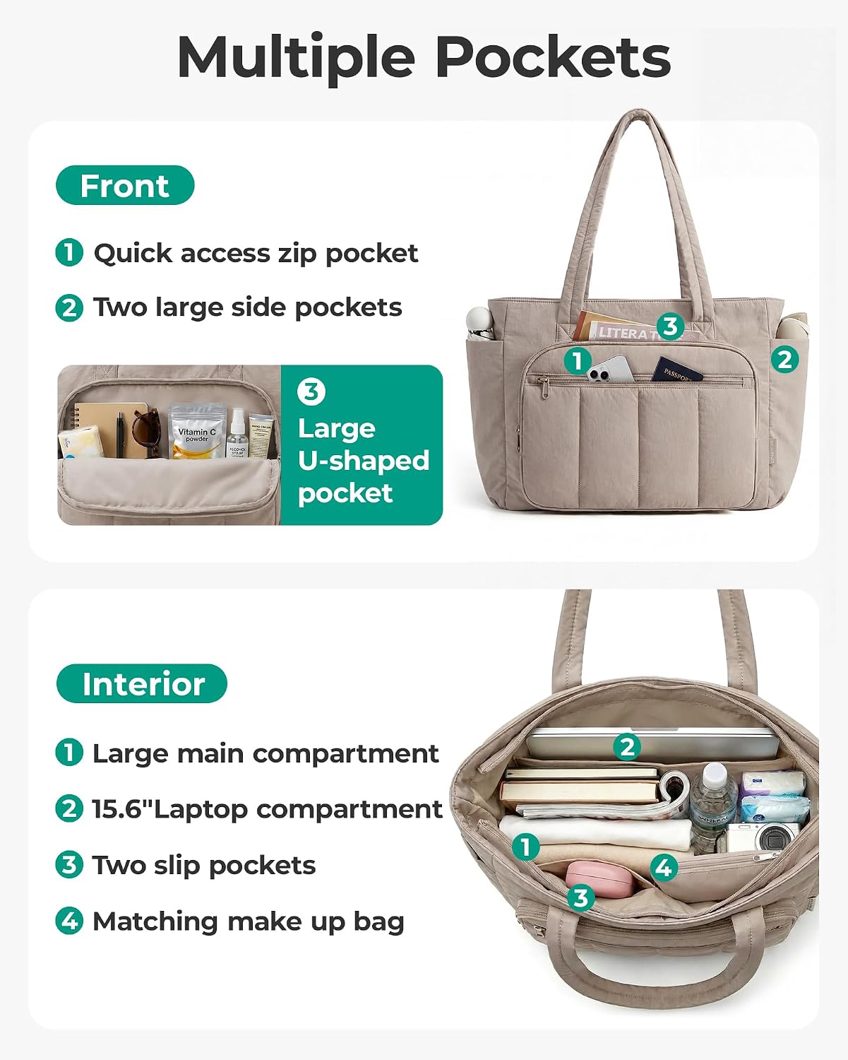 Thumbnail 3 de bagsmart 20L Zip Tote: 15.6 inch Laptop Sleeve, Puffer Nylon Work Bag for Nurse, Travel and More