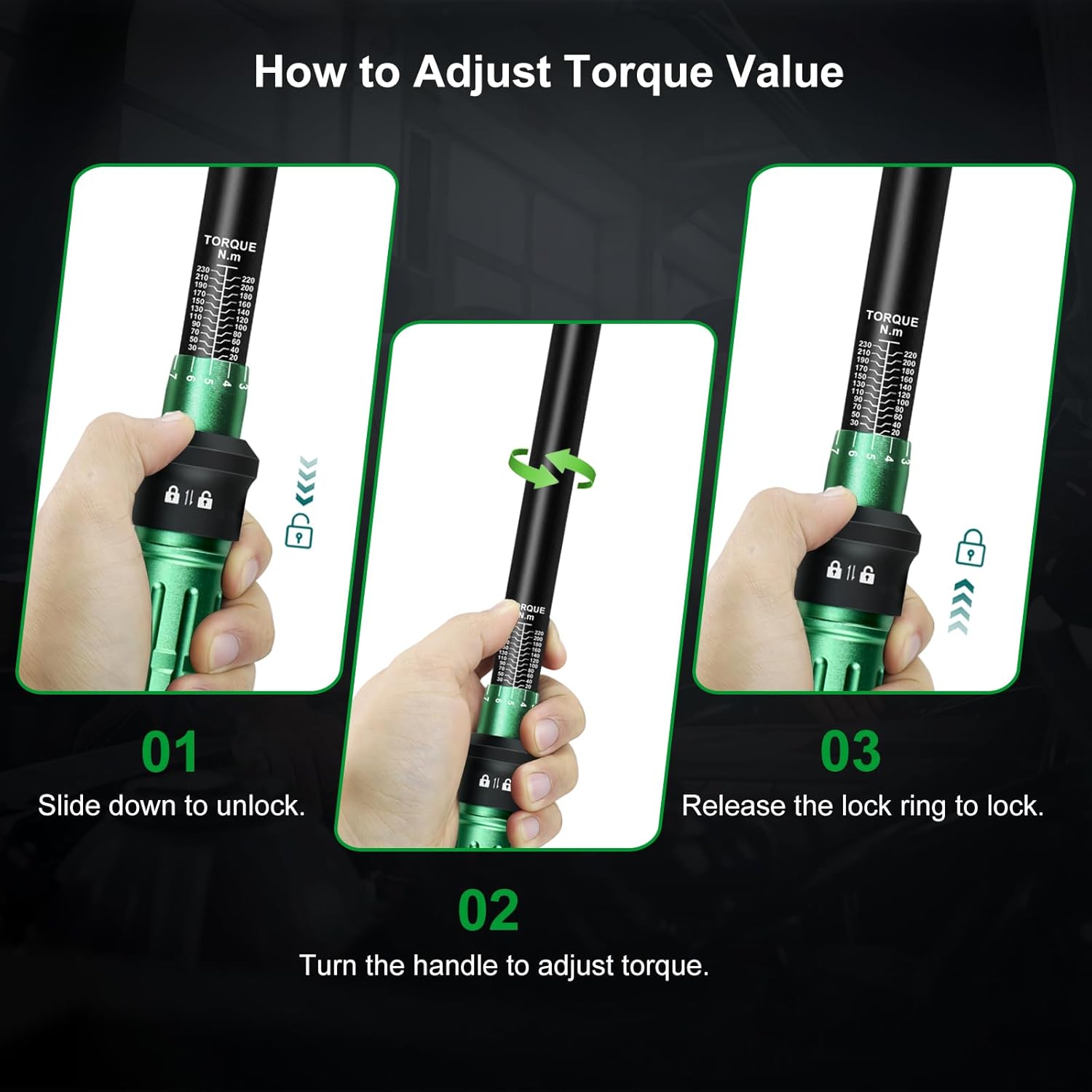 Thumbnail 6 de Uharbour Torque Wrench 1/2" Set (20–230 Nm) with three impact sockets for lug nuts