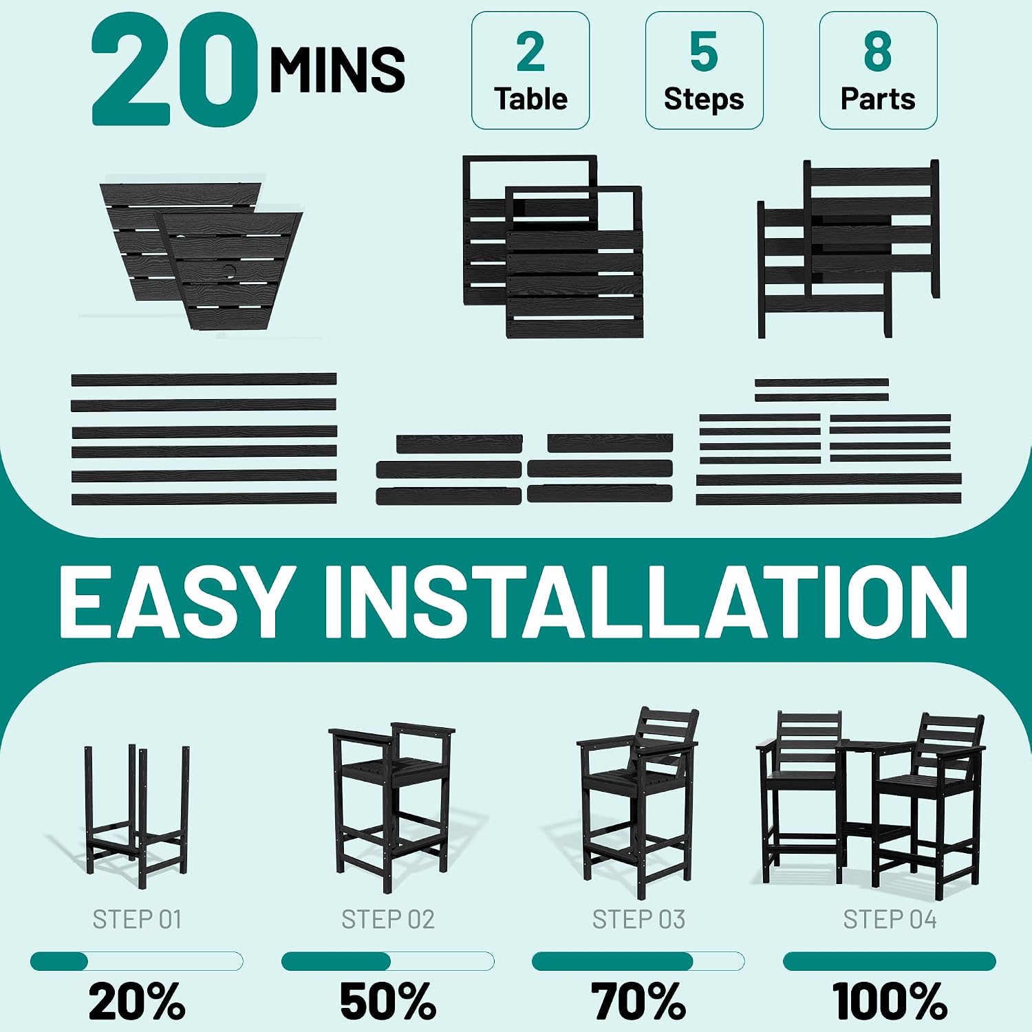 Thumbnail 6 de PLUUV A03-002-001-BK Tall Adirondack Chairs, Set of 2 with Connecting Trays