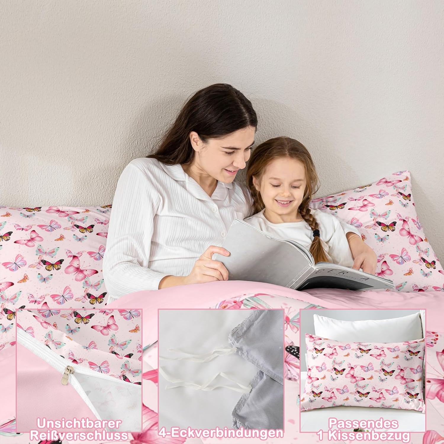 Thumbnail 5 de Homewish Mädchen Bettwäsche-Set 135 x 200 cm (2-teilig) „Süße Schmetterlinge“ – rosa