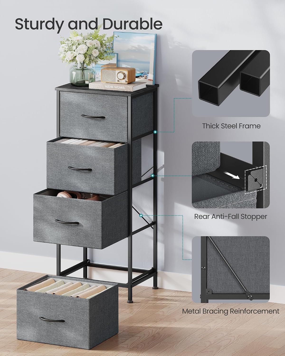 Thumbnail 5 de SONGMICS 4-Drawer Steel Chest of Drawers (BELLAH Collection) – Slate Grey