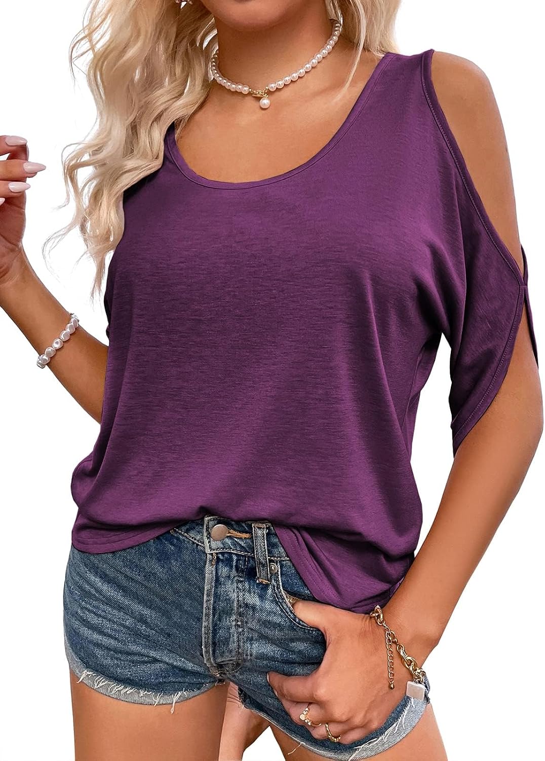Detalle de Fisoew Damen Sommer-Oberteil: Cold-Shoulder U-Ausschnitt, locker sitzend, kurze Ärmel