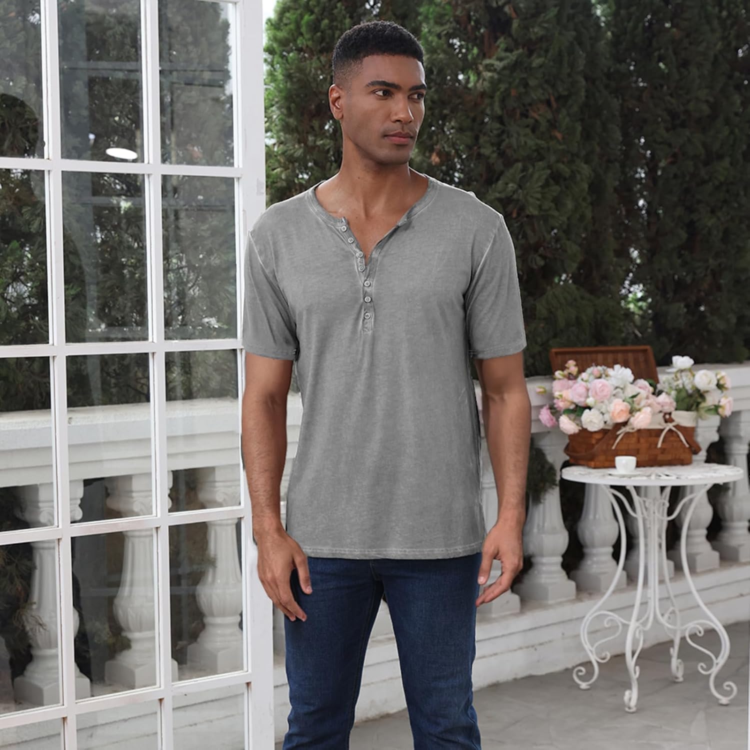 Thumbnail 2 de LAOARA Henley-T-shirt för herr, kortärmad i bomull med V-ringning