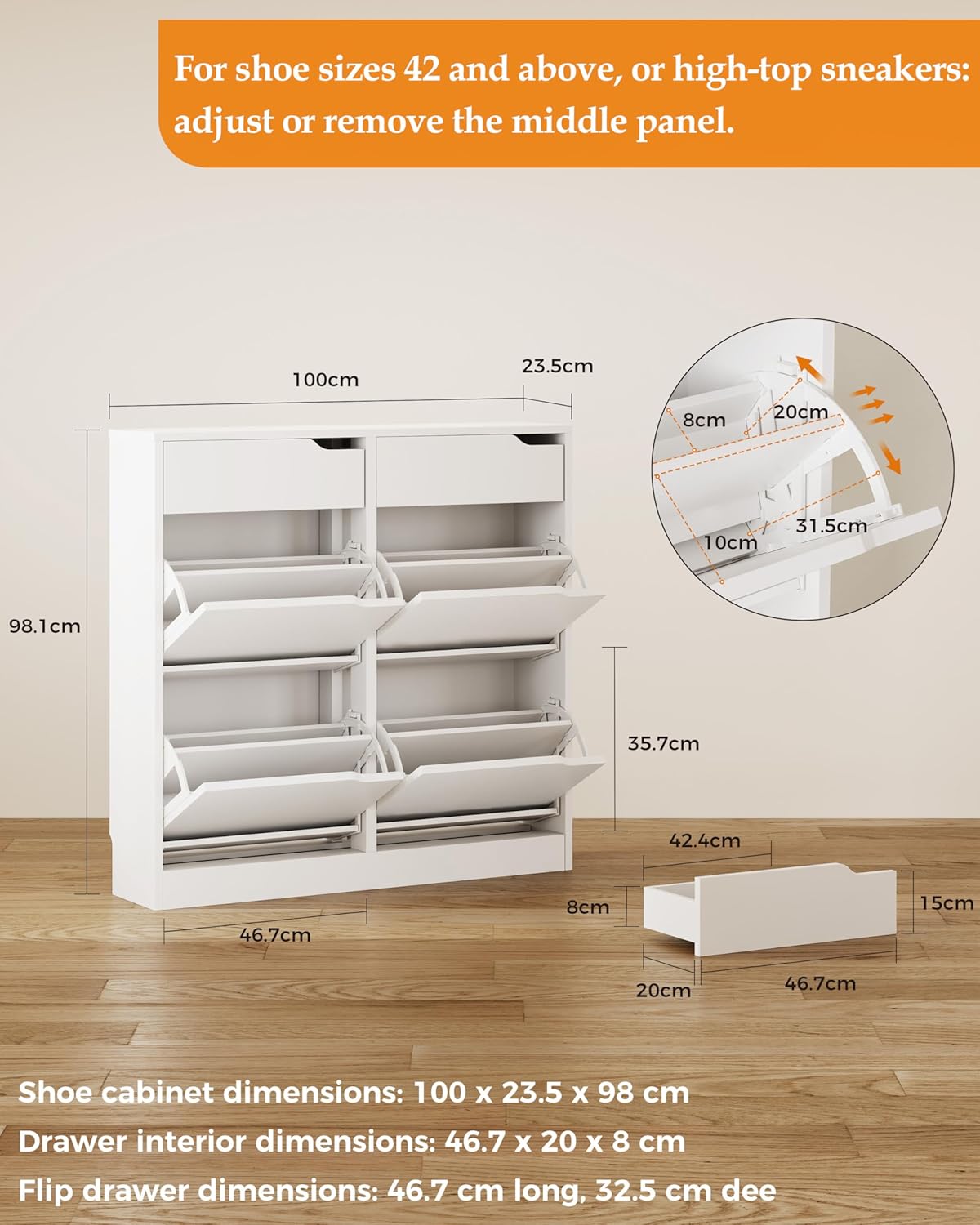 Thumbnail 1 de IRONCK shoe cabinet with 4 flip drawers and 2 drawers (freestanding, white) — slim entryway shoe storage
