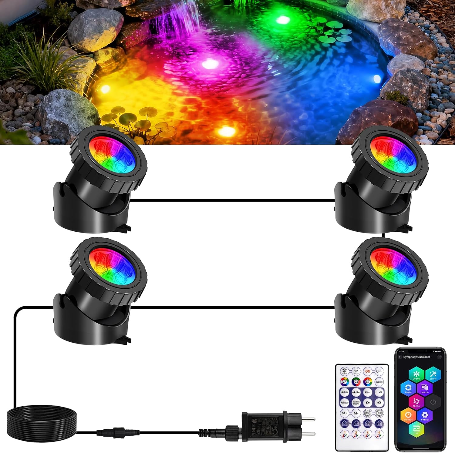 Detalle de T-SUNUS Teichbeleuchtung Unterwasser RGB – 4in1 IP68, Bluetooth App Steuerung