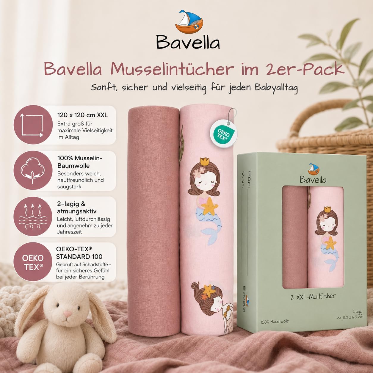Detalle de Bavella 2er Set XXL Musselin Baby Decke & Tuch – 120 × 120 cm, ÖKO-TEX zertifiziert