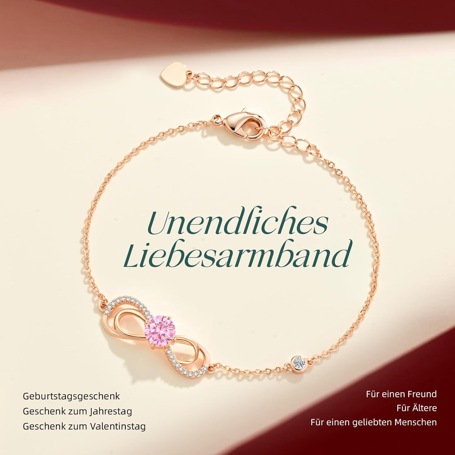 Thumbnail 3 de CDE Infinity Armband für Damen mit Herz, Zirkonia und Geburtsstein (Roségold)