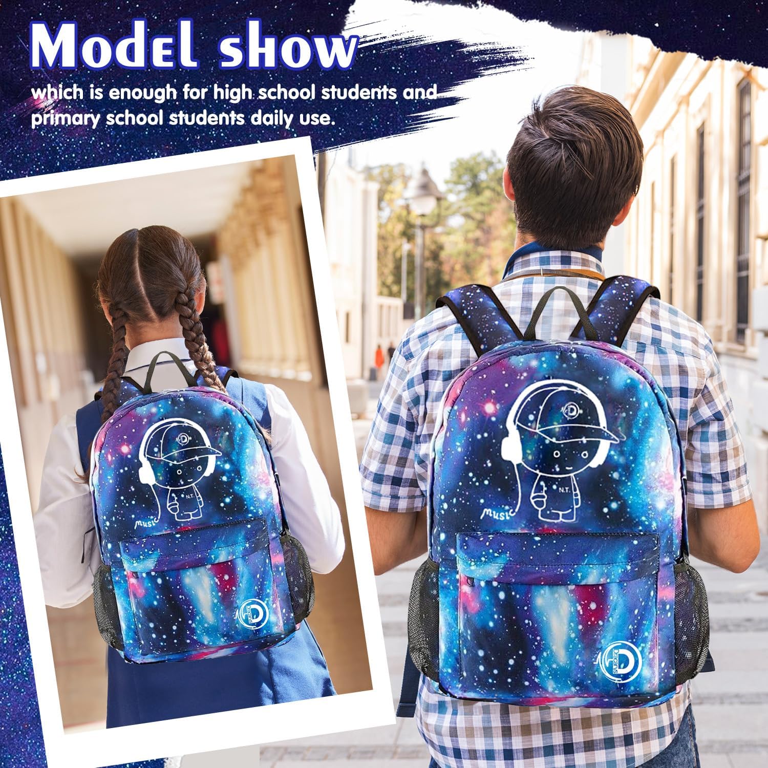Thumbnail 1 de Dracarys Galaxy Luminous Backpack: Unisex School Bag with USB Charging, 15.6" Laptop Space and Included Stationery Bag