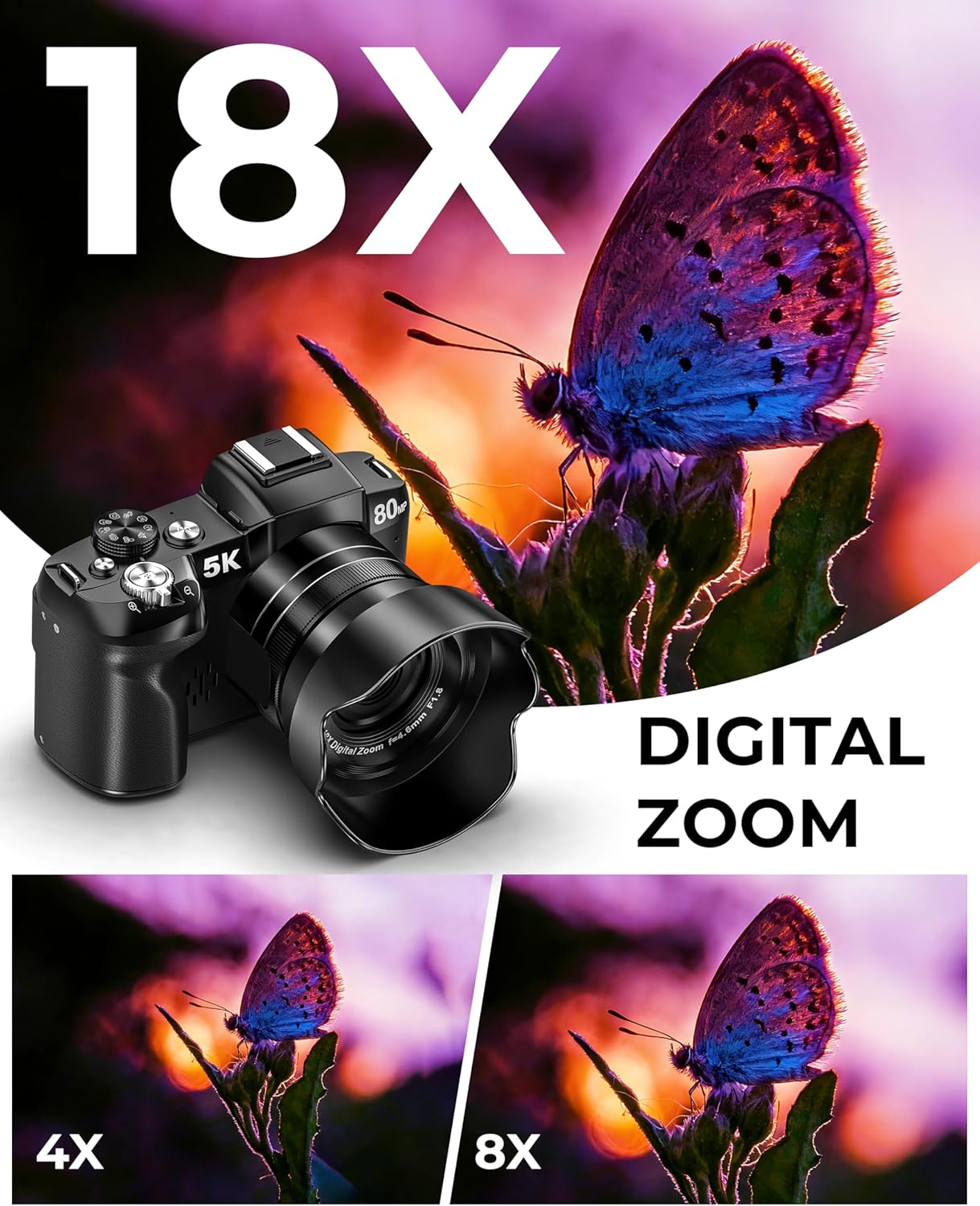 Thumbnail 6 de 5K Digital Camera with 80MP Sensor: 5K UHD Video, 18x Zoom, and 3" Flip Screen for Vlogging