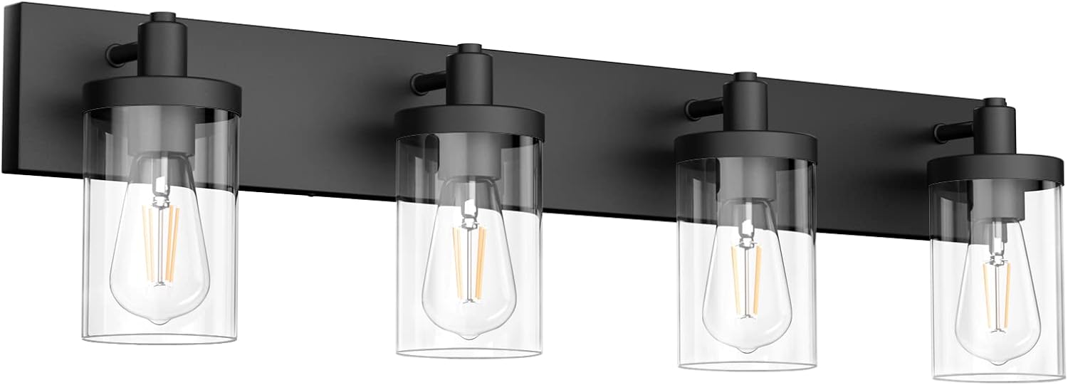 Detalle de Aipsun 1136 4-Light Bathroom Vanity Light, Matte Black with Clear Glass