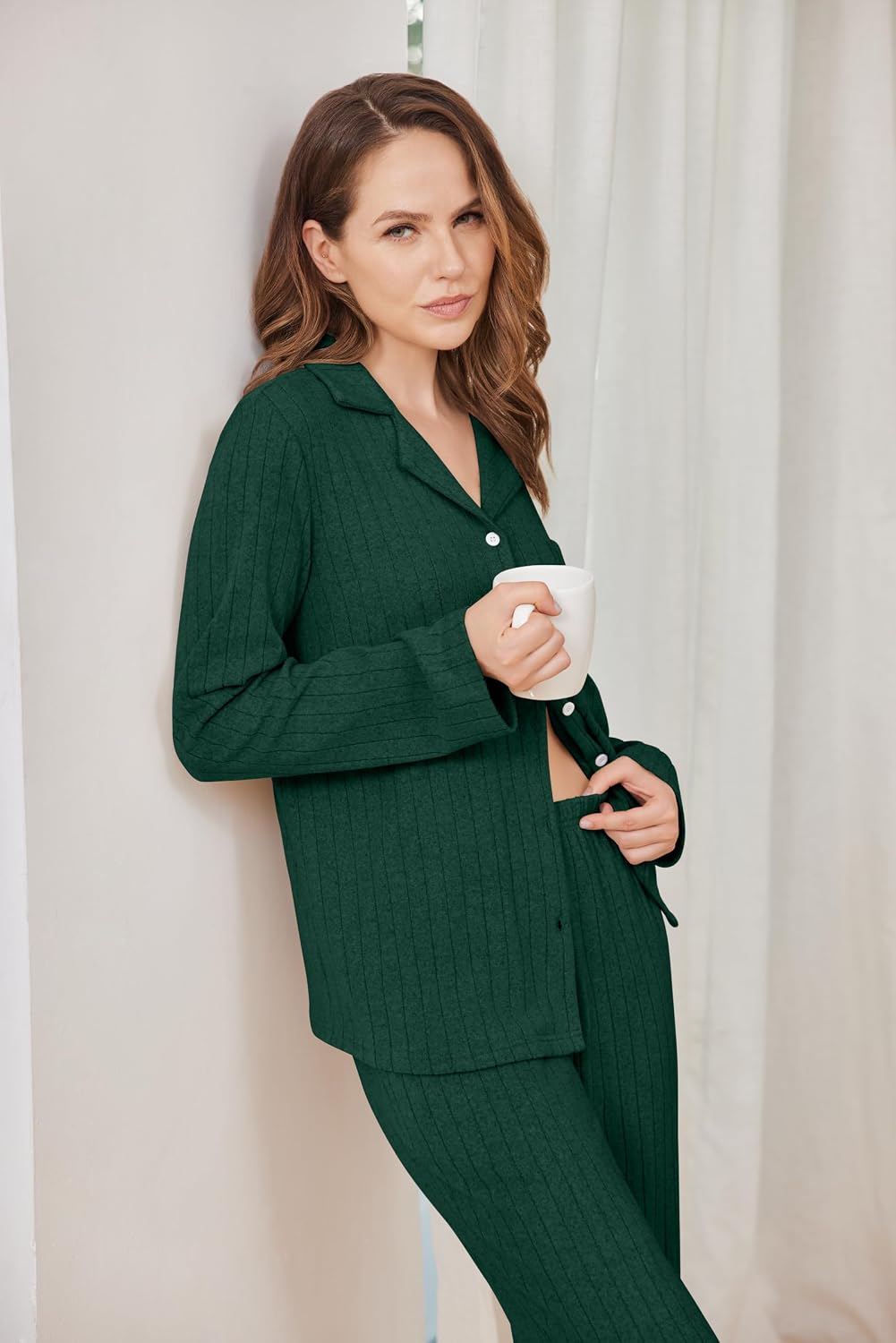 Detalle 2 de Ekouaer Women's Pajama Set in Ribbed Knit
