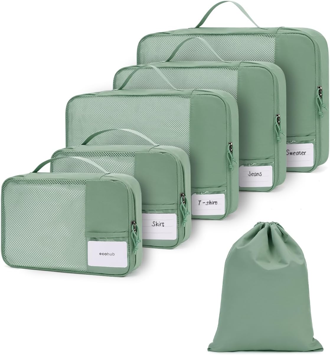 Detalle de ECOHUB Koffer Organizer Set – 6-teilige Packing Cubes mit ID-Tag (Grün)