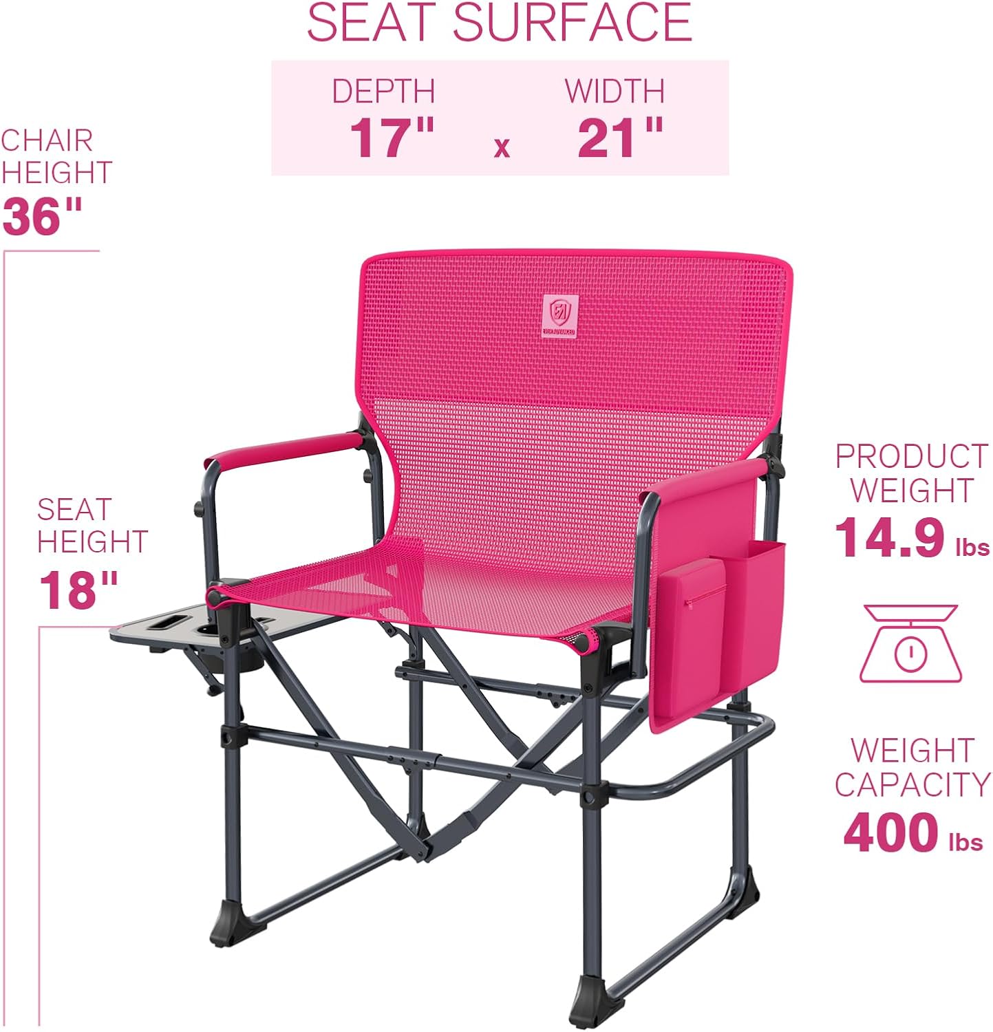 Detalle de EVER ADVANCED Camping Directors' Chair with Side Table – Portable Foldable, Textilene Mesh, 400 lbs, Pink