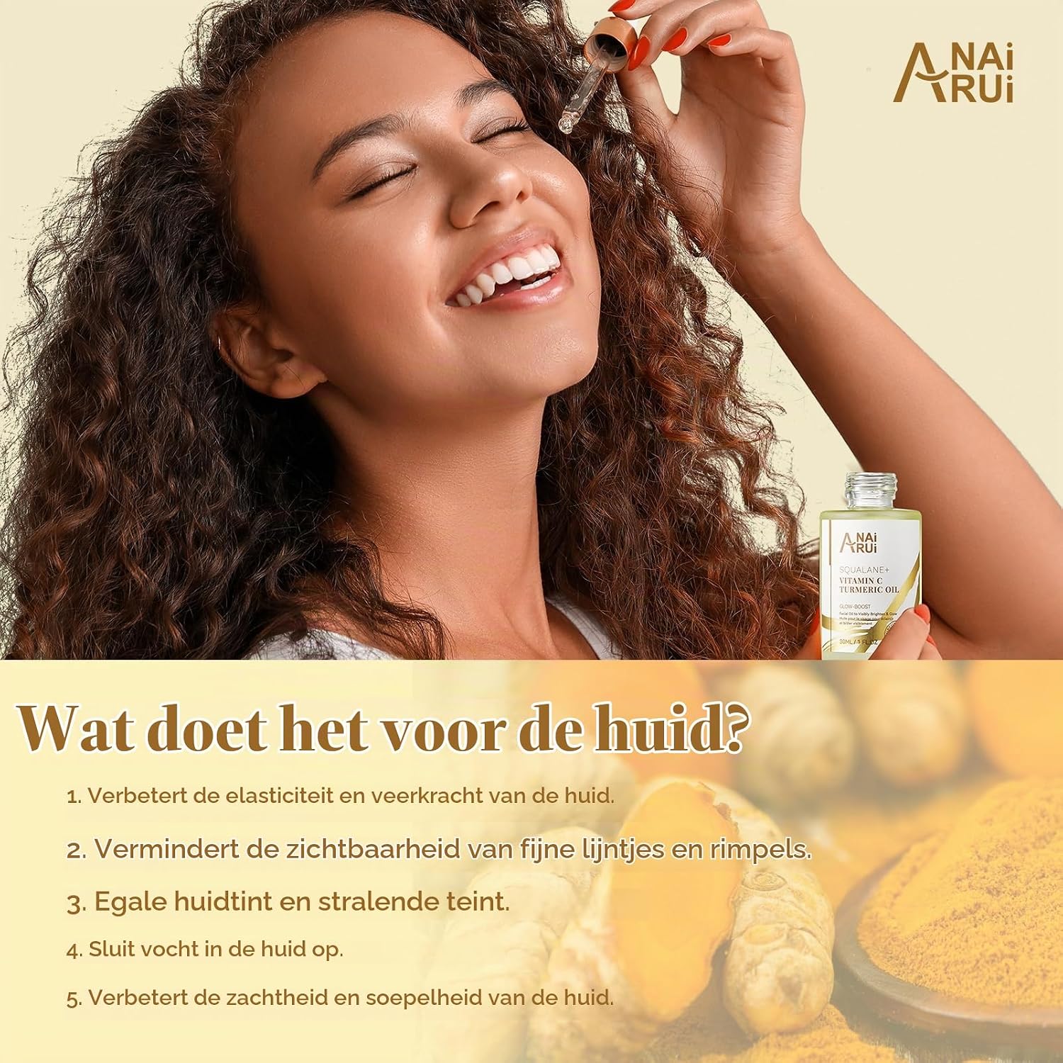 Detalle 2 de ANAI RUI vitamine C-gezichtsolie met squalaan en kurkuma, 30 ml