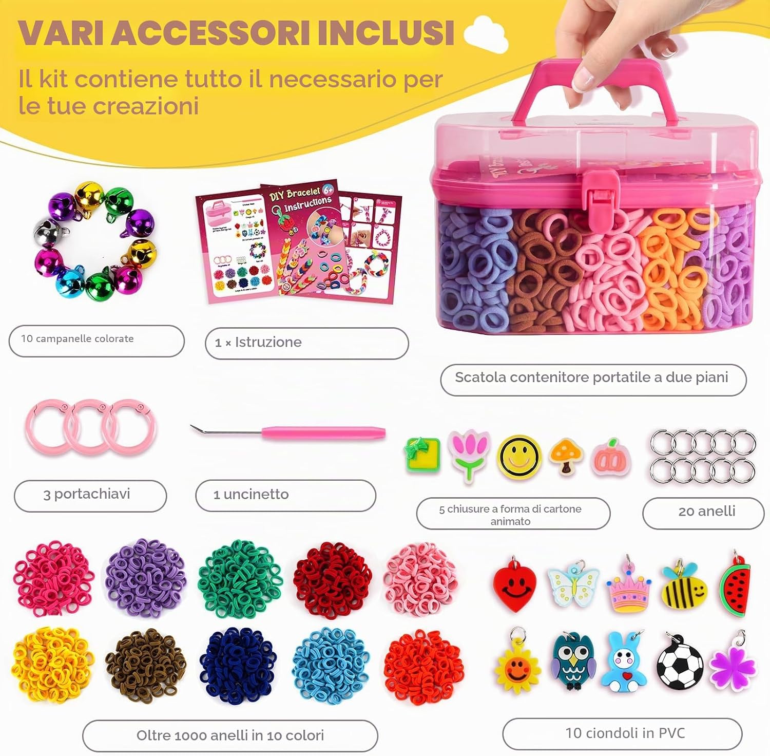 Detalle 2 de FunzBo Kit Braccialetti Fai da Te con 1000 Elastici in Cotone Morbido – Set Creativo per Bambine 6-12 Anni