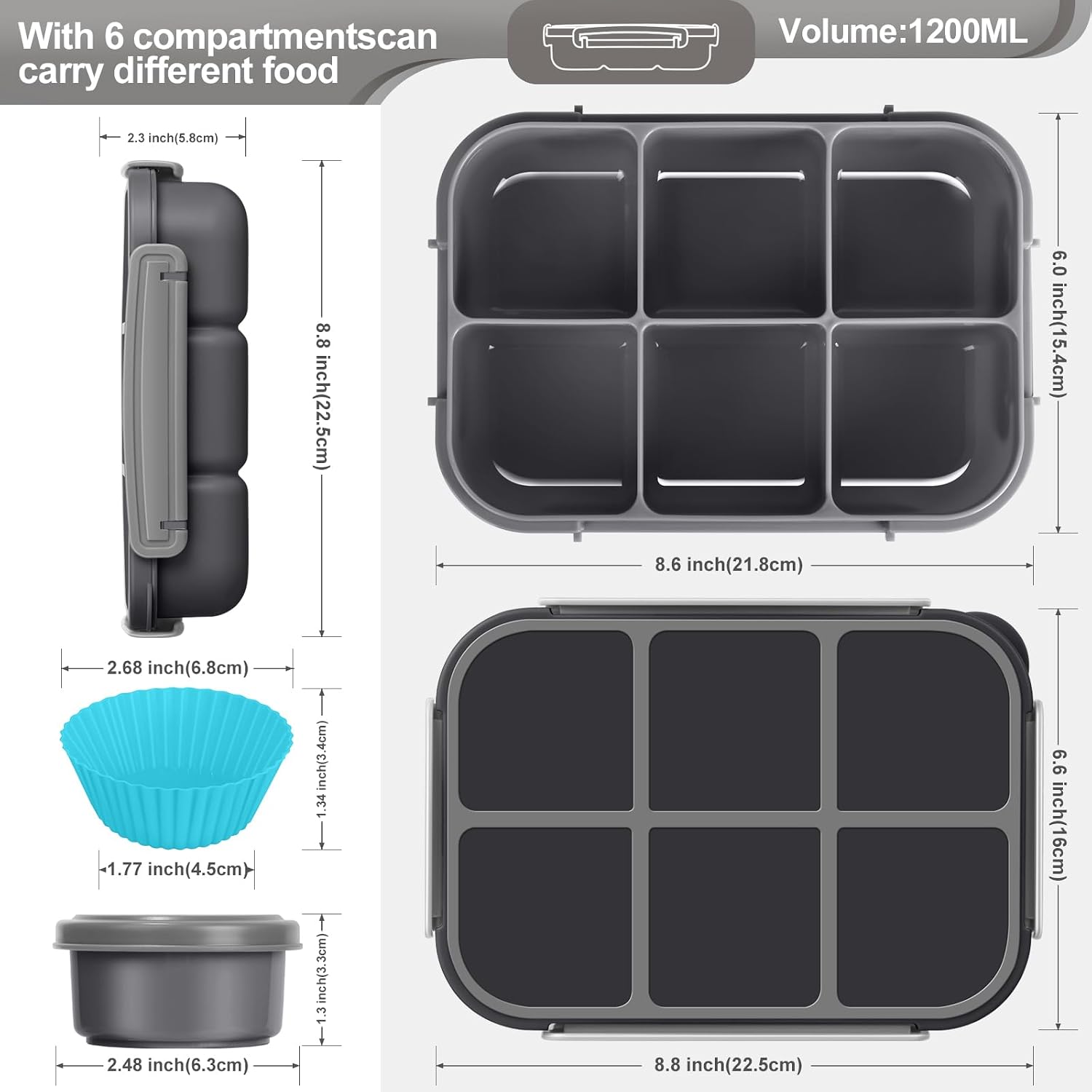 Detalle de Amathley Kids Bento Lunch Box (6 Compartments) with Sauce Cup, Food Picks & Muffin Cups – Dark Gray