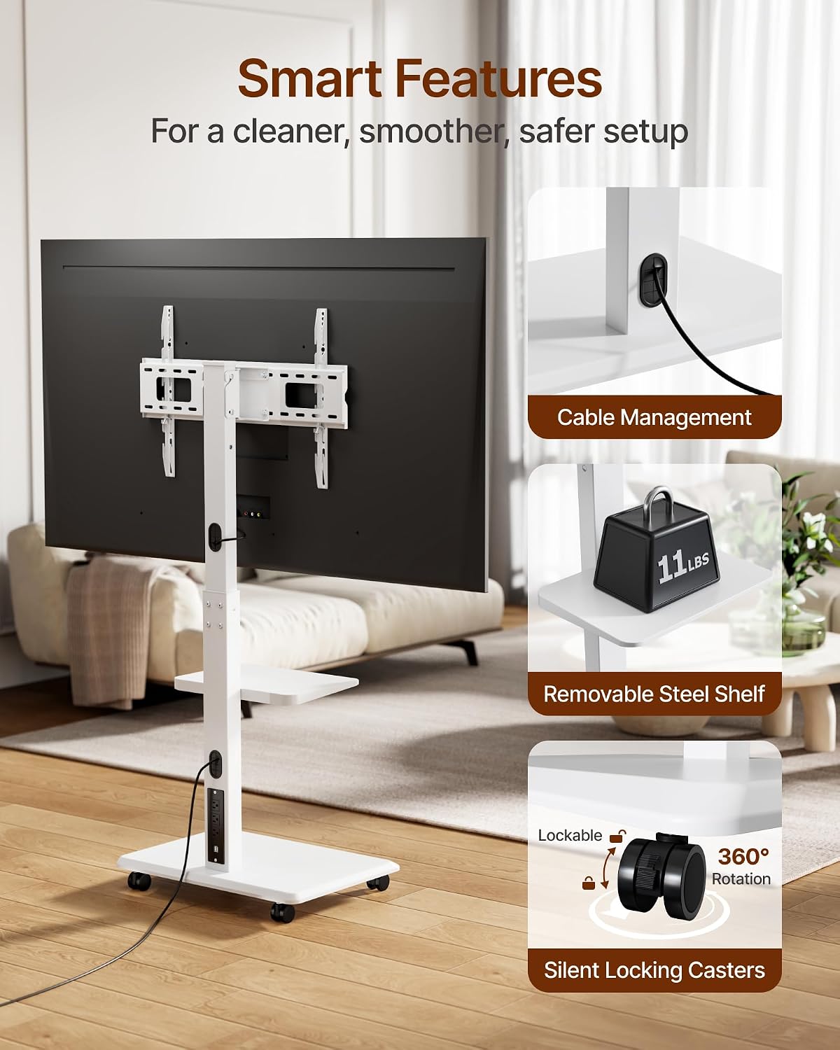 Thumbnail 4 de ECOTINY HW1275WH Rolling TV Stand, 32–75-Inch, Power Outlet, White