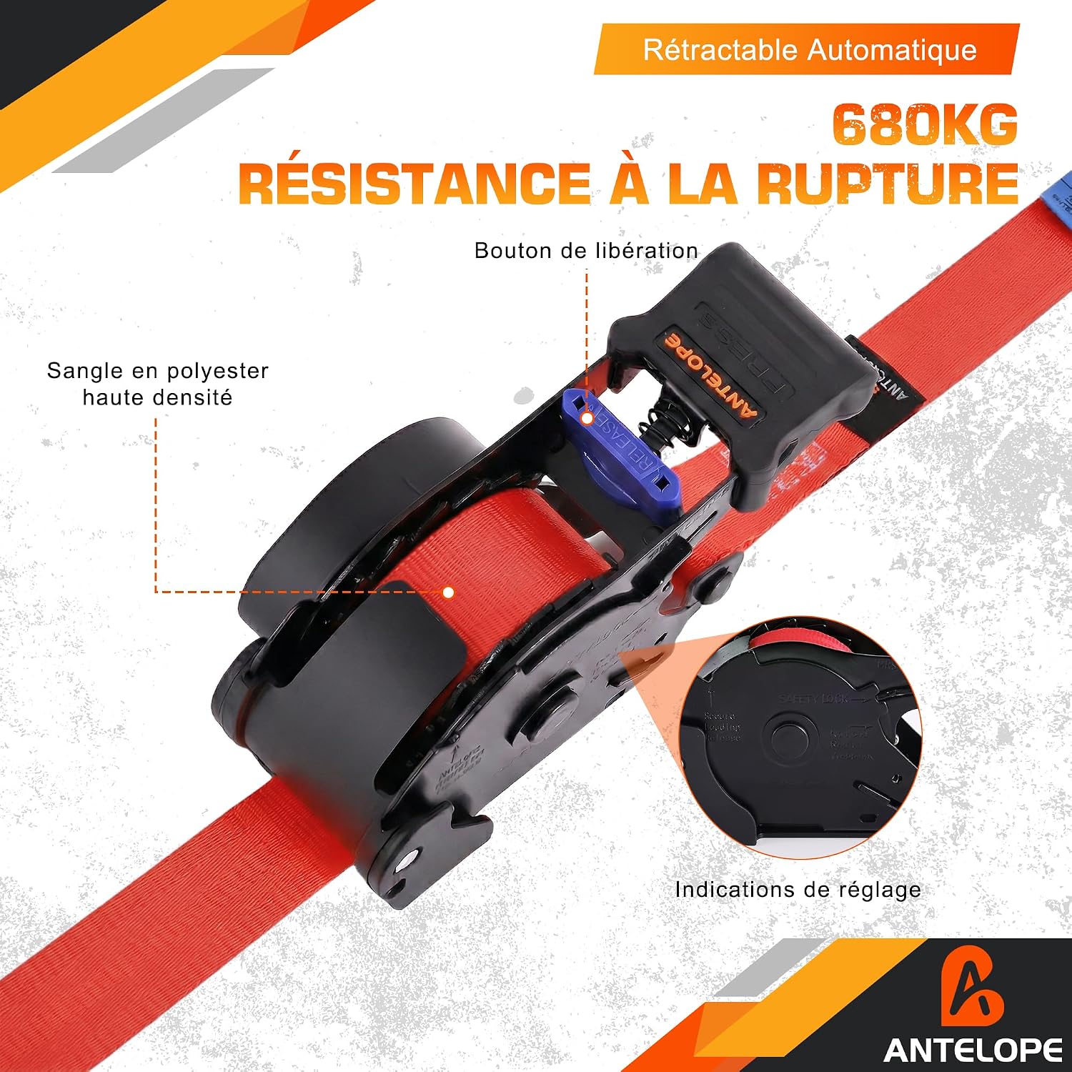 Detalle de A ANTELOPE Automatik Spanngurt 3,6 m x 25 mm, 4 Stück – Selbsteinziehend, 680 KG Tragkraft, mit S-Haken und Sicherheitsverschluss