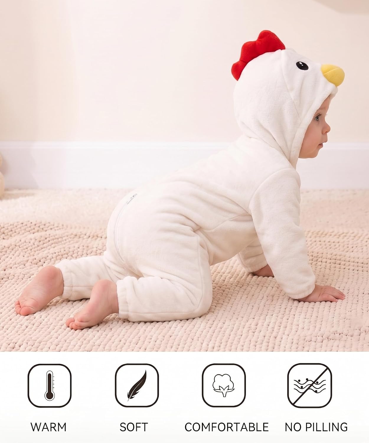 Detalle de LONULAIN Baby Animal Costume Pajamas, Flannel Hooded Romper with Zipper