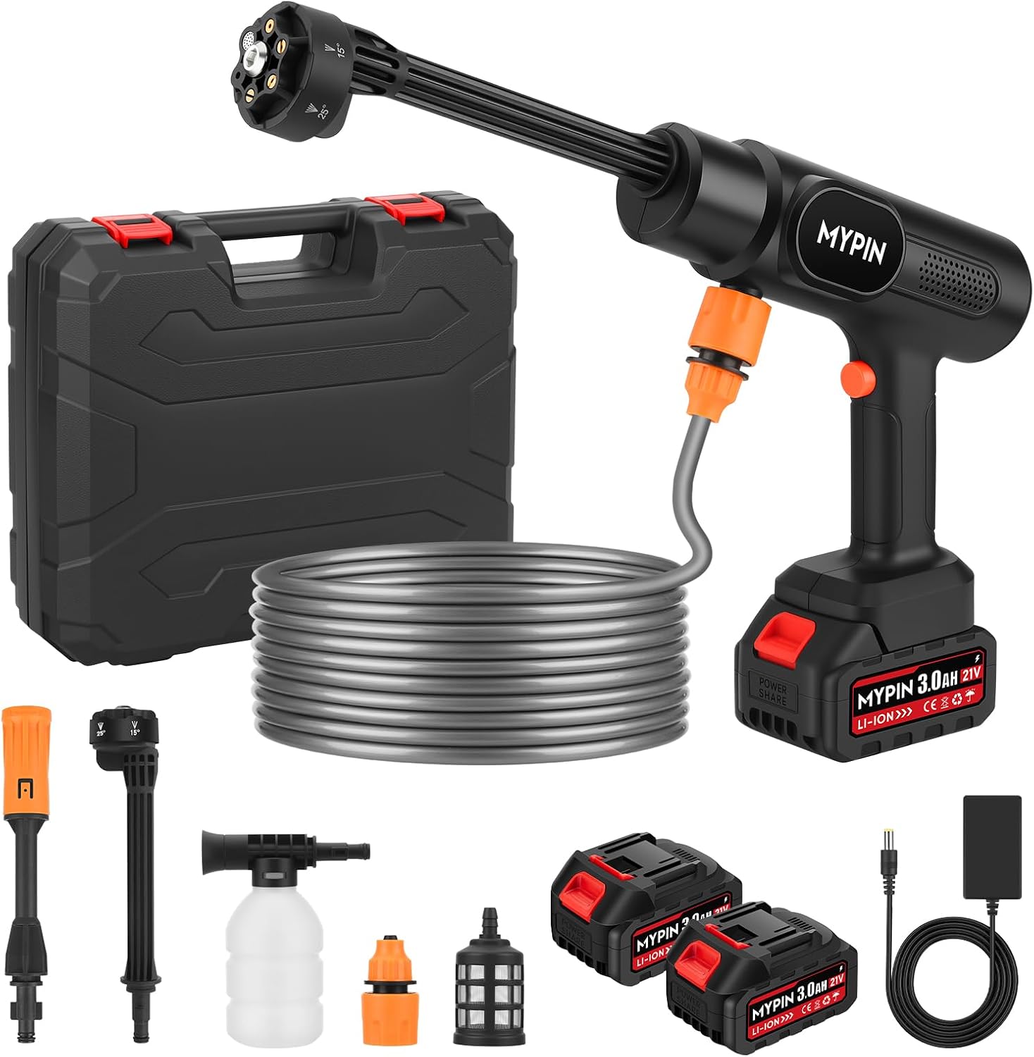 Detalle de MYPIN 600PSI Cordless Pressure Washer, 21V, Dual 3.0Ah Batteries, 5m Hose