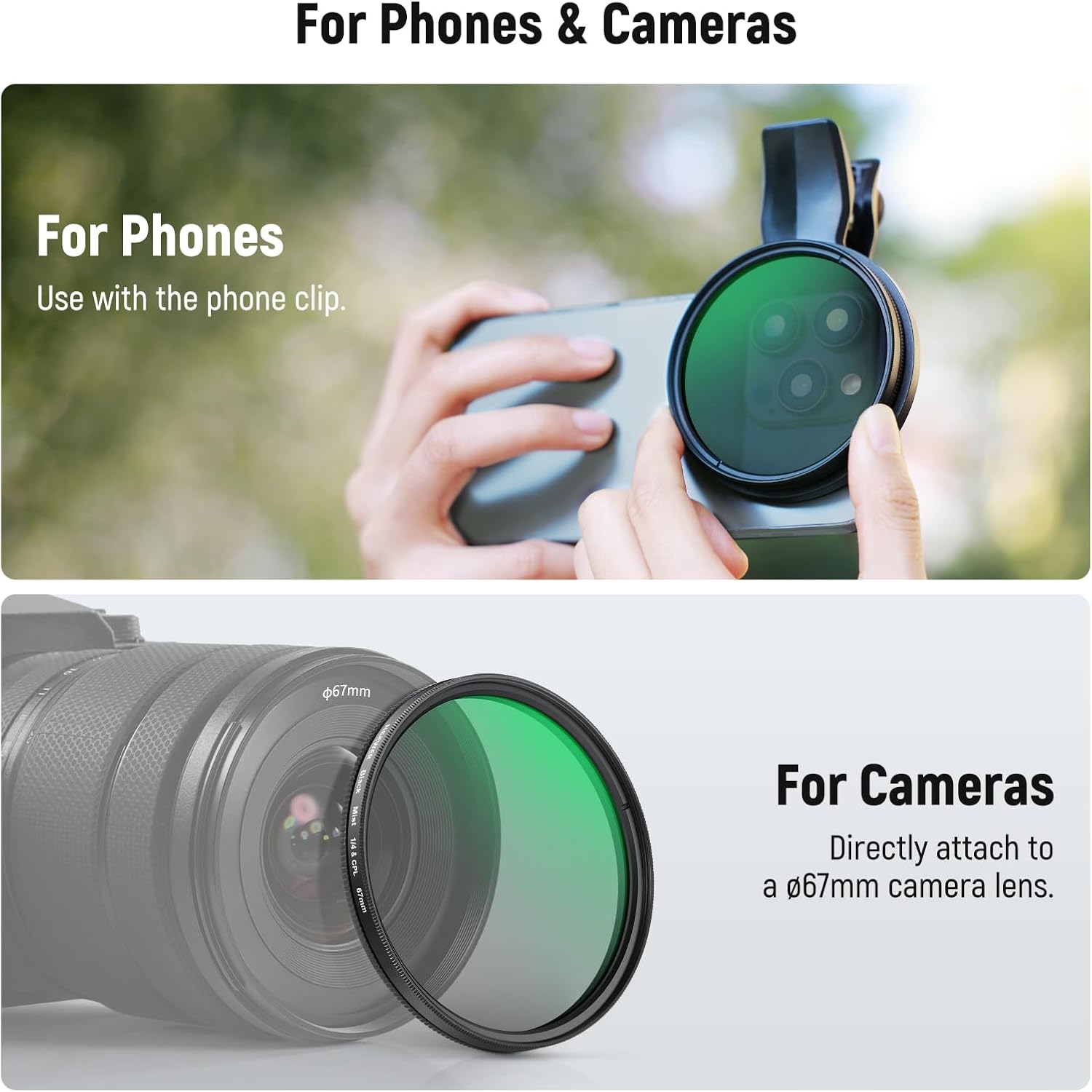 Thumbnail 6 de NEEWER 2-in-1 67-mm Clip-On CPL & Black-Diffusion (FL-B35) – Smartphone-Filterset