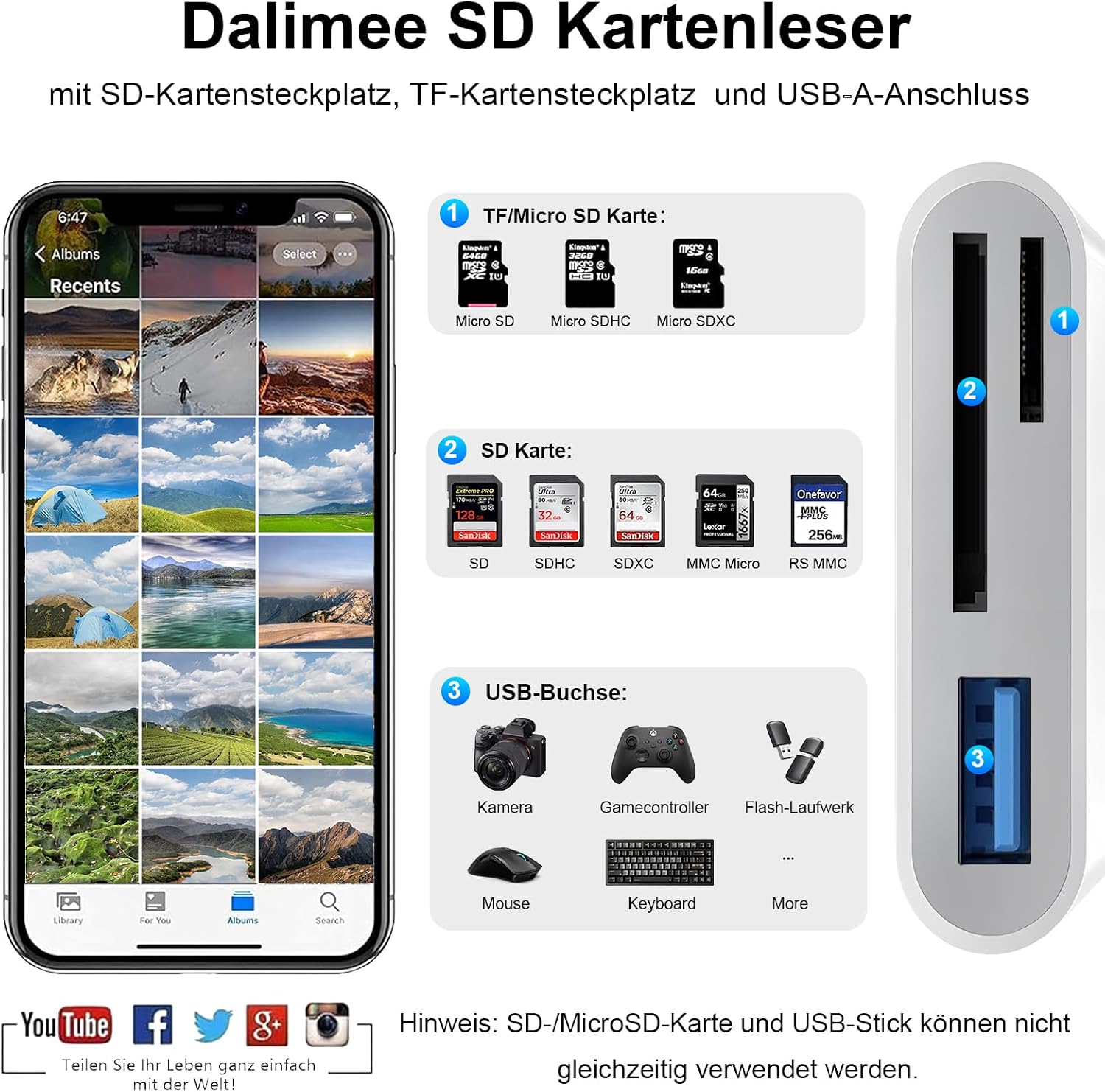 Detalle de Dalimee SD Kartenleser USB-C/USB-A/Lightning – vielseitiger 3-in-1 Kartenleser für iPhone, iPad, MacBook, PC und Android