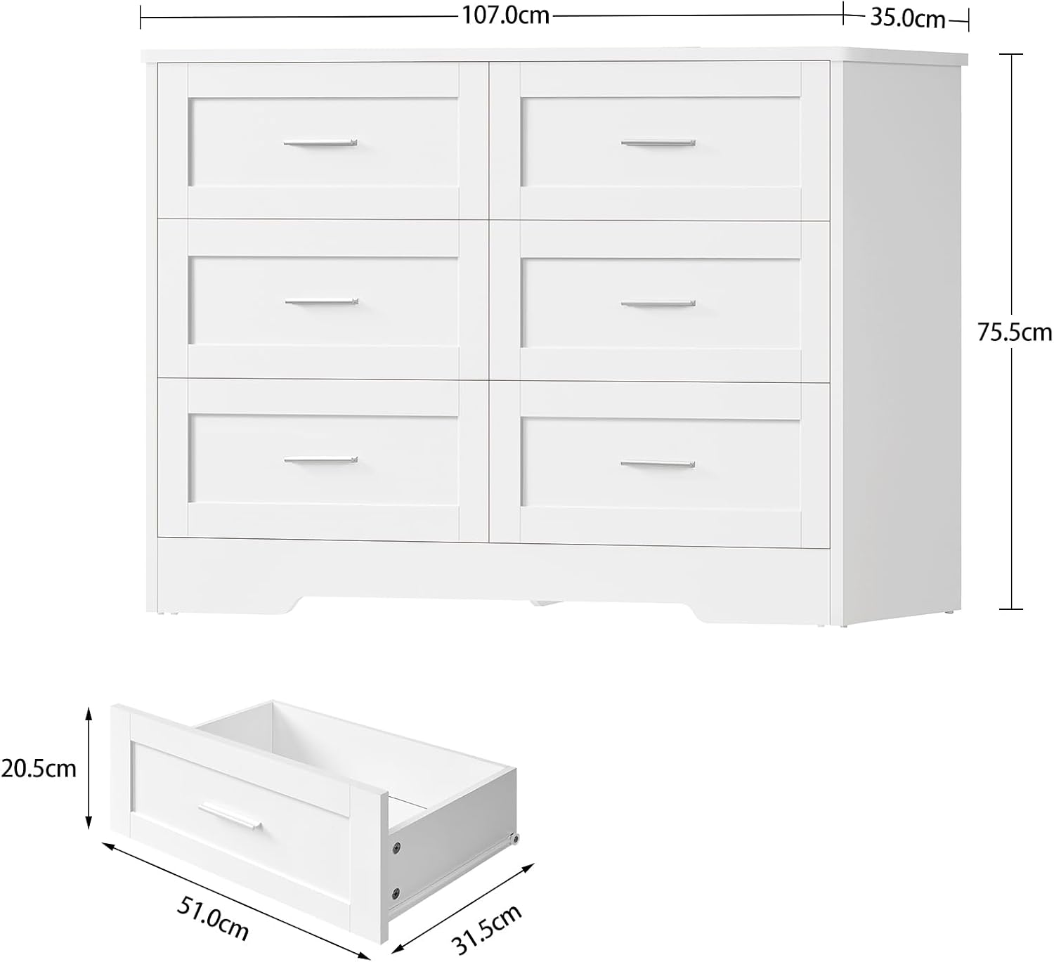 Detalle de TEENFON DGX009W 6-Drawer Chest of Drawers, White, 107 x 35 x 75.5 cm